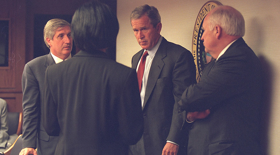 U.S. President George Bush (2nd R) is pictured with Vice President Dick Cheney (R) and senior staff in the President's Emergency Operations Center in Washington in the hours following the September 11, 2001 attacks in this U.S National Archives handout photo obtained by Reuters July 24, 2015. REUTERS/U.S. National Archives/Handout via Reuters (MILITARY POLITICS DISASTER) THIS IMAGE HAS BEEN SUPPLIED BY A THIRD PARTY. IT IS DISTRIBUTED, EXACTLY AS RECEIVED BY REUTERS, AS A SERVICE TO CLIENTS. FOR EDITORIAL -- USE ONLY. NOT FOR SALE FOR MARKETING OR ADVERTISING CAMPAIGNS - RTX1LQAW
