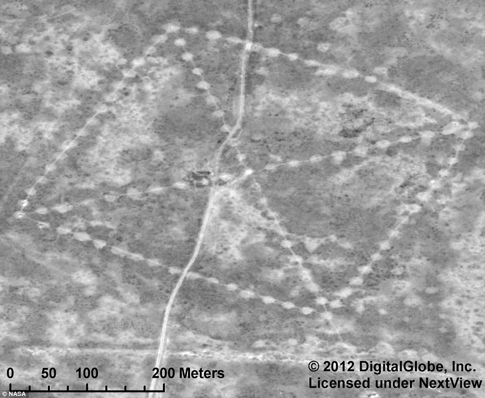 The largest of these geoglyphs found steppe of Kazakhstan is a square of 101 raised mounds, with its corners connected by a diagonal cross. 