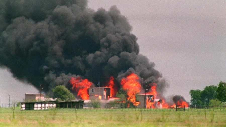 Flames engulf the Branch Davidian compound in Waco, Texas, on April 20, 1993