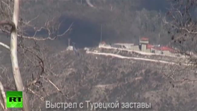 A screen grab from footage released by the Russian Defense Ministry on February 1, 2016 showing the Turkish military shelling Syrian territory using heavy artillery positioned close to the border