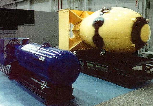In the below photo are replicas of two famous atomic bombs. The blue one was known as Little Boy and dropped on Hiroshima, Japan on August 6, 1945. The yellow one was known as Fat Man and dropped on Nagasaki, Japan on August 9, 1945